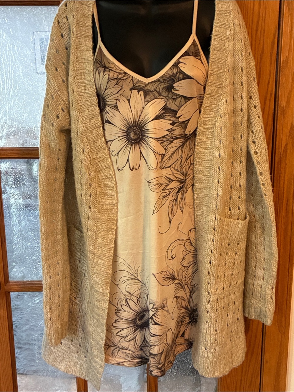 Beige Floral Slip Dress with Knit Cardigan